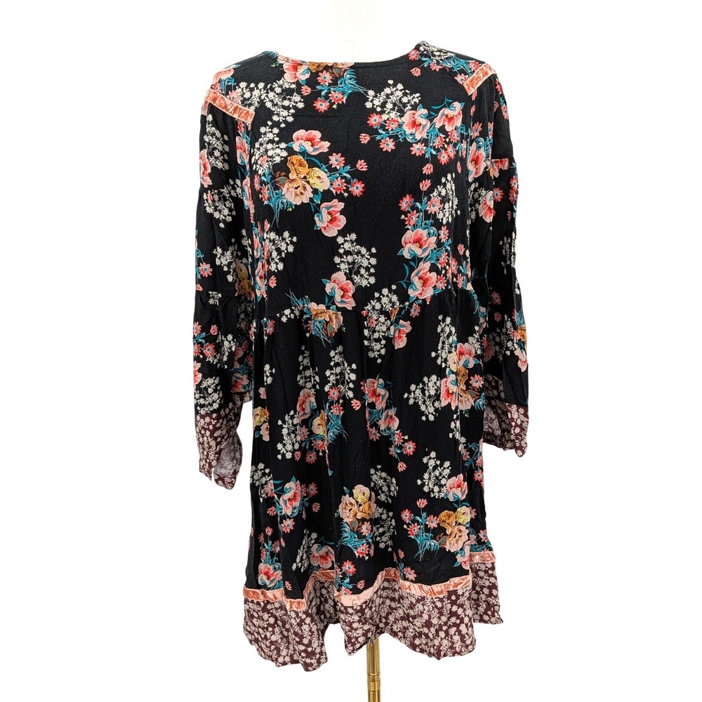 Uncle Frank Black Floral‎ Mixed Print Boho Cottagecore Dress Long Sleeve M/L USA